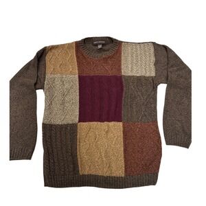 VTG Liberty Sweaters Patchwork Cable Knit Brown Multi Color Cotton Blend M Mens